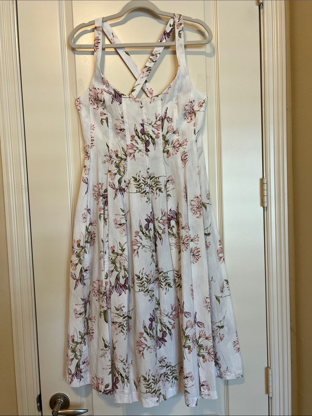 H&M White Floral Midi Dress with Pink and Green Print